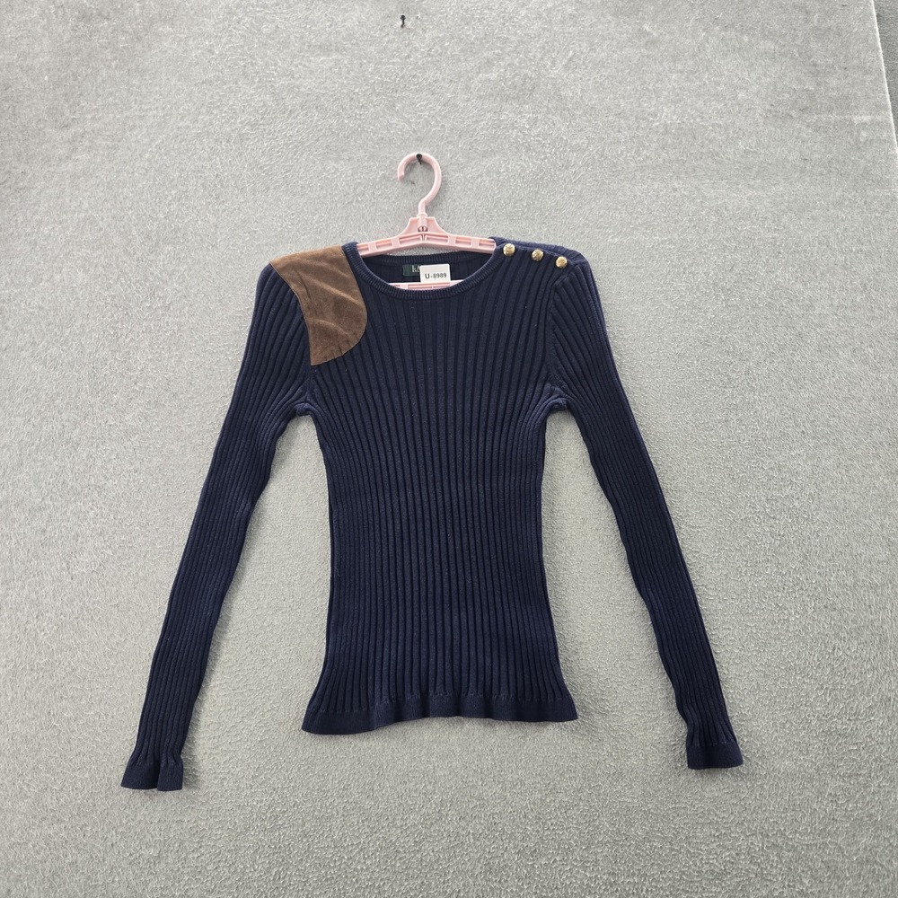 Lauren Ralph Women Sweater PETITE MEDIUM Navy Nylon Polyester Button